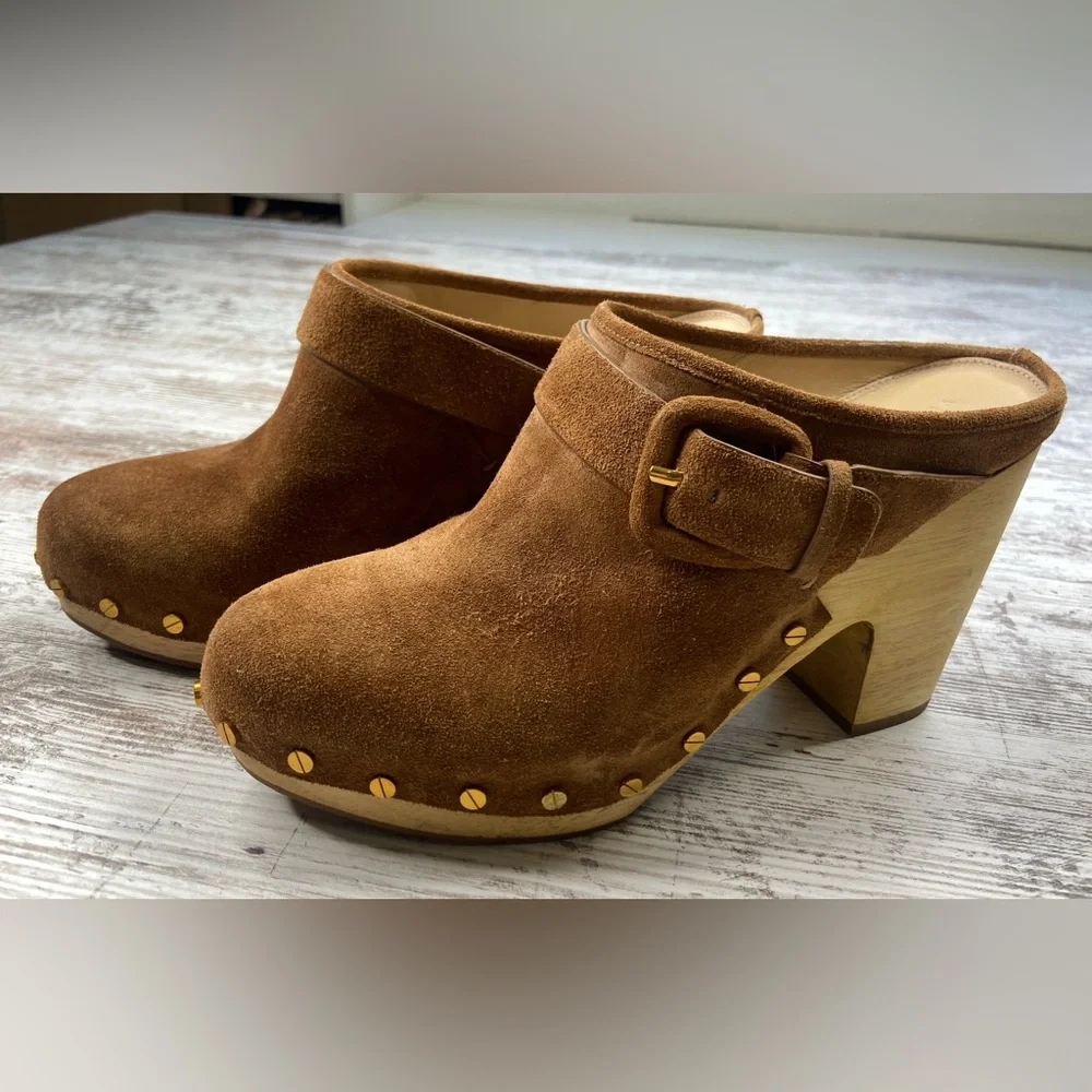 VERONICA BEARD DACEY Buckle Clogs MULE PLATFORM SUEDE PECAN Size 9.5 GUC!
